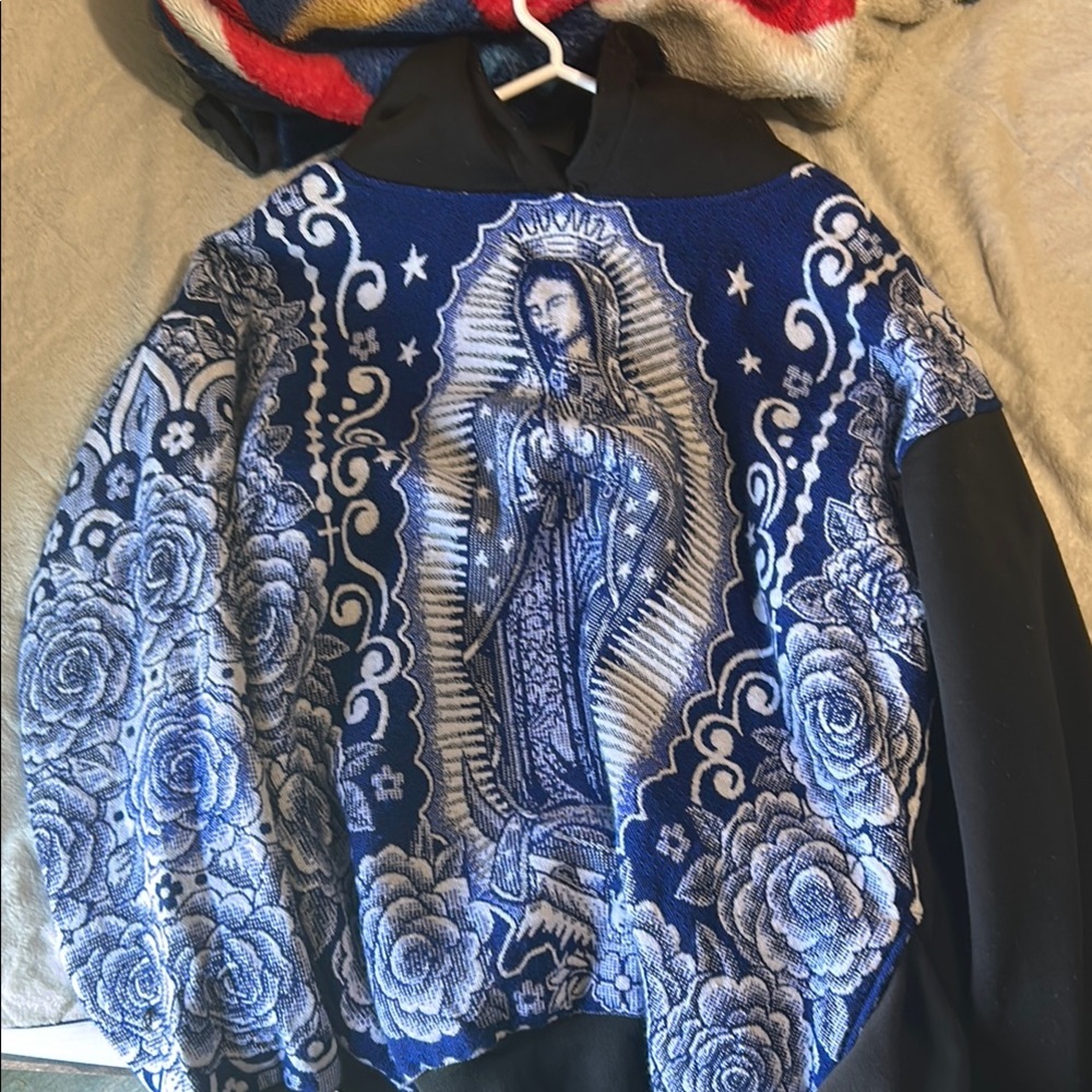Blue and White Religious Graphic Poncho